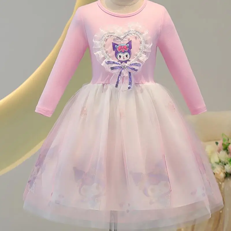فستان بناتي لربيع وخريف 2024 فستان كورومي بونغسا الجديد تنورة شبكية غربية للأطفال بأكمام طويلة سانريو هالو كيتي للفتيات