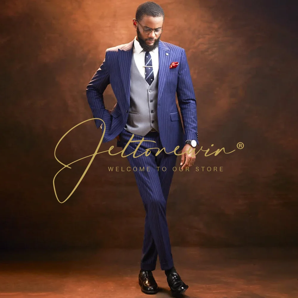 

Красивые темно-синие полосатые мужские костюмы, свадебные костюмы для мужчин, комплект из 3-х предметов, приталенные мужские вечерние смокинги, одежда для жениха, жениха