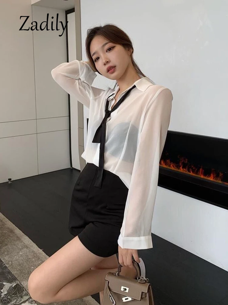 Zadily 2023 Summer Korea Style Button Up Women White Chiffon Shirt Office Lady Long Sleeve Transparent Blouse Female Work Tops