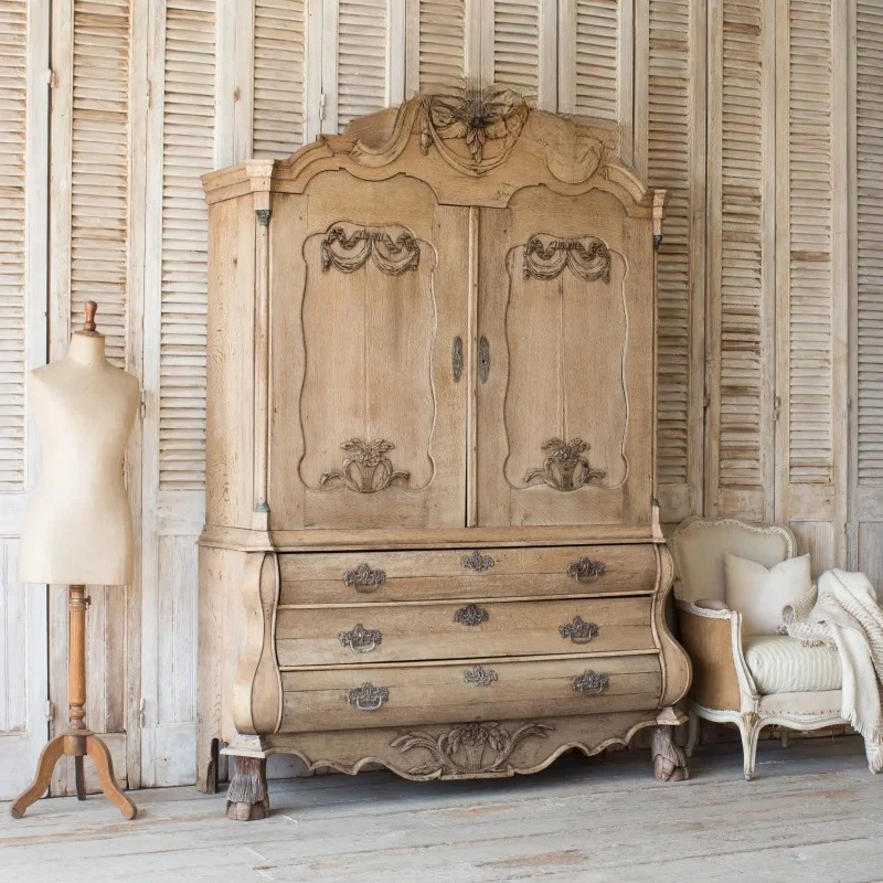 

American country furniture, French retro solid wood carving flower wardrobe, antique decoration side cabinet locker