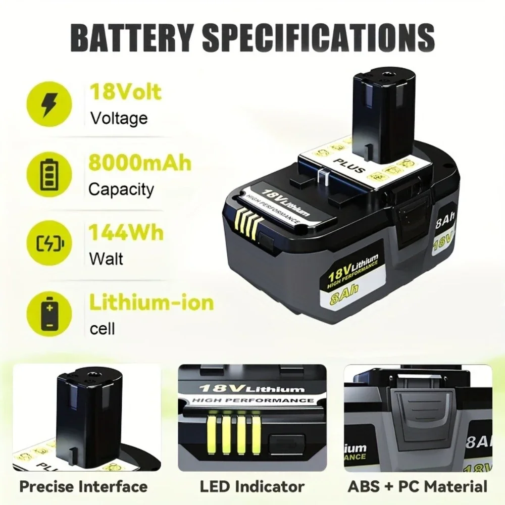 Batterie lithium-ion 18V de grande capacité 8,0 Ah, adaptée aux perceuses sans fil Ryobi ONE P102 P103 P104 P105 P107 P108 P109 P122 P190