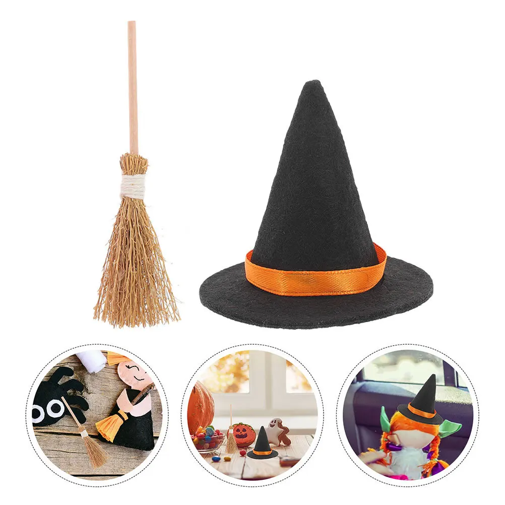 

2Sets Hat Broom Decorations Halloween Dollhouse Miniature Crafts Miniature Witch Hat Broom Tiny Hats for
