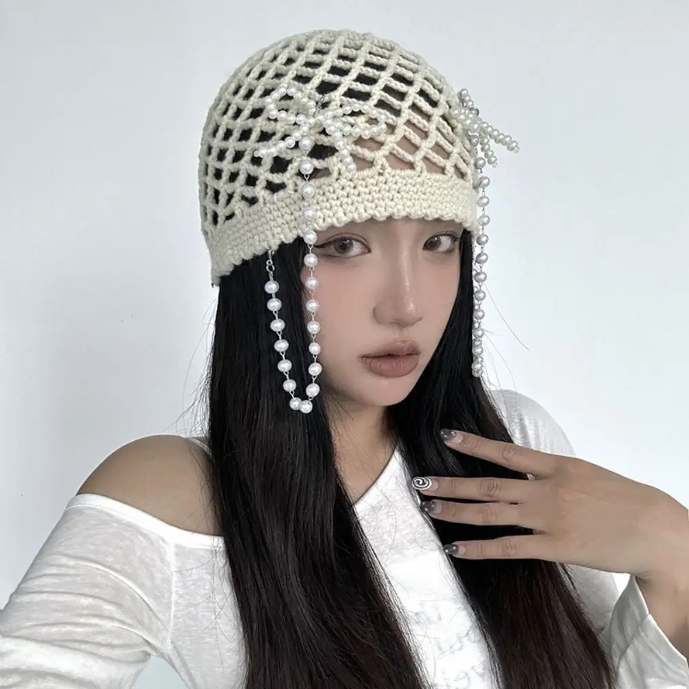 

Vintage Pearl Tassels Crochet Knitted Hat Hollow Out Thin Knit Cap Bohemian Style Korean Ethnic Style Hat Apparel Accessories