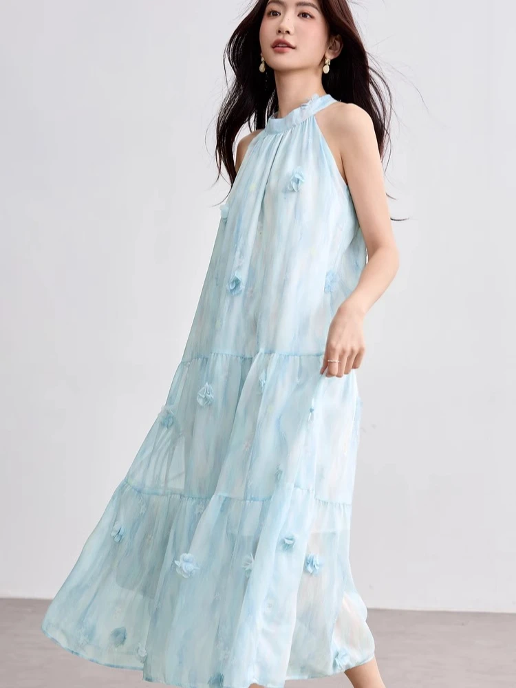 

SENTUBILA Floral Neck-mounted Dress 2025 Summer Solid Patchwork Hem A-Line Casual O-neck Maxi Dress Sleeveless W52LI2209