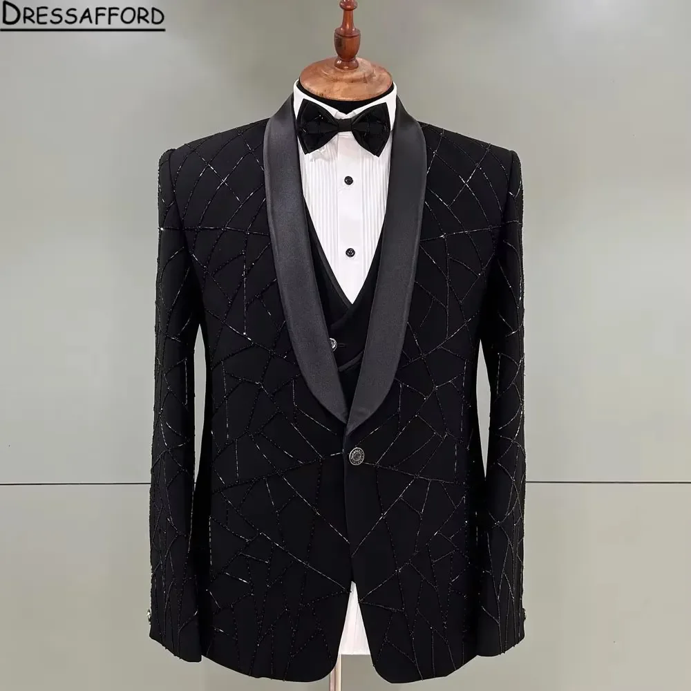 Black Blazers Men Suits Geometric Beading Fashion Banquet 2 Piece Business Jacket Pants Trousers