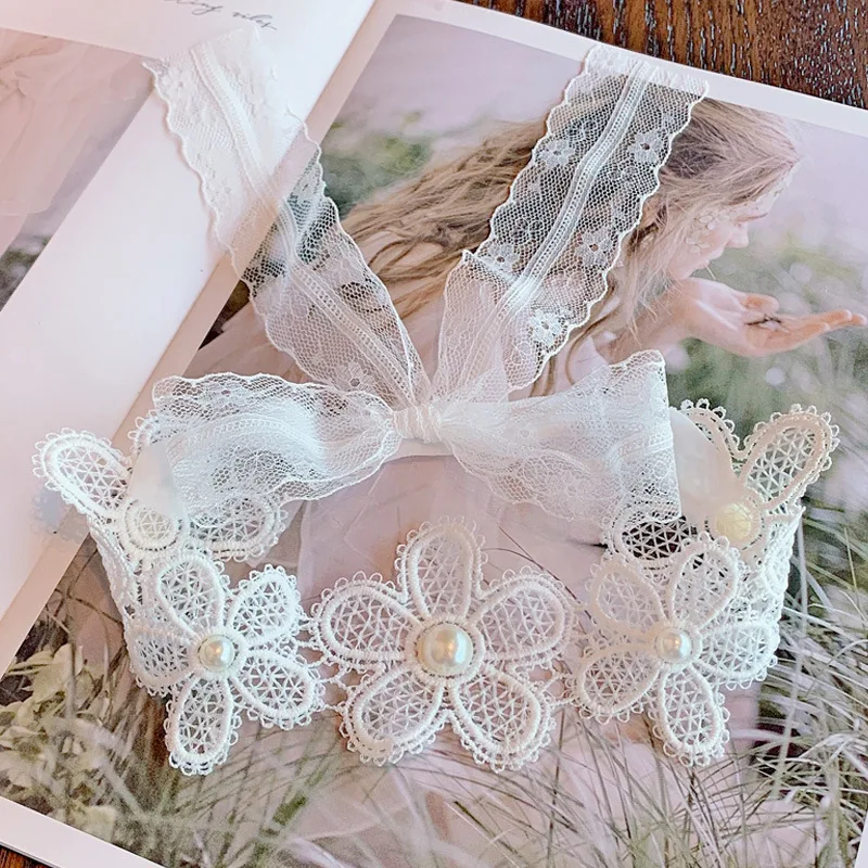 New Baby Lace Headbands Fairy Lace Flower Ribbon Pearl Baby Girl Head Band Skin-friendly Princess High Elastic Kids Headwear