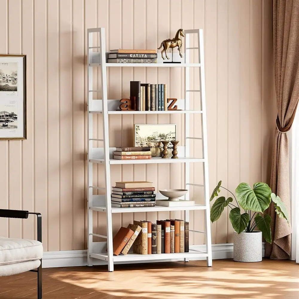 

IRONCK Industrial Bookshelves and Bookcases, Ladder Shelf 5 Tiers with Metal Frame for Living Room, Home Office, White