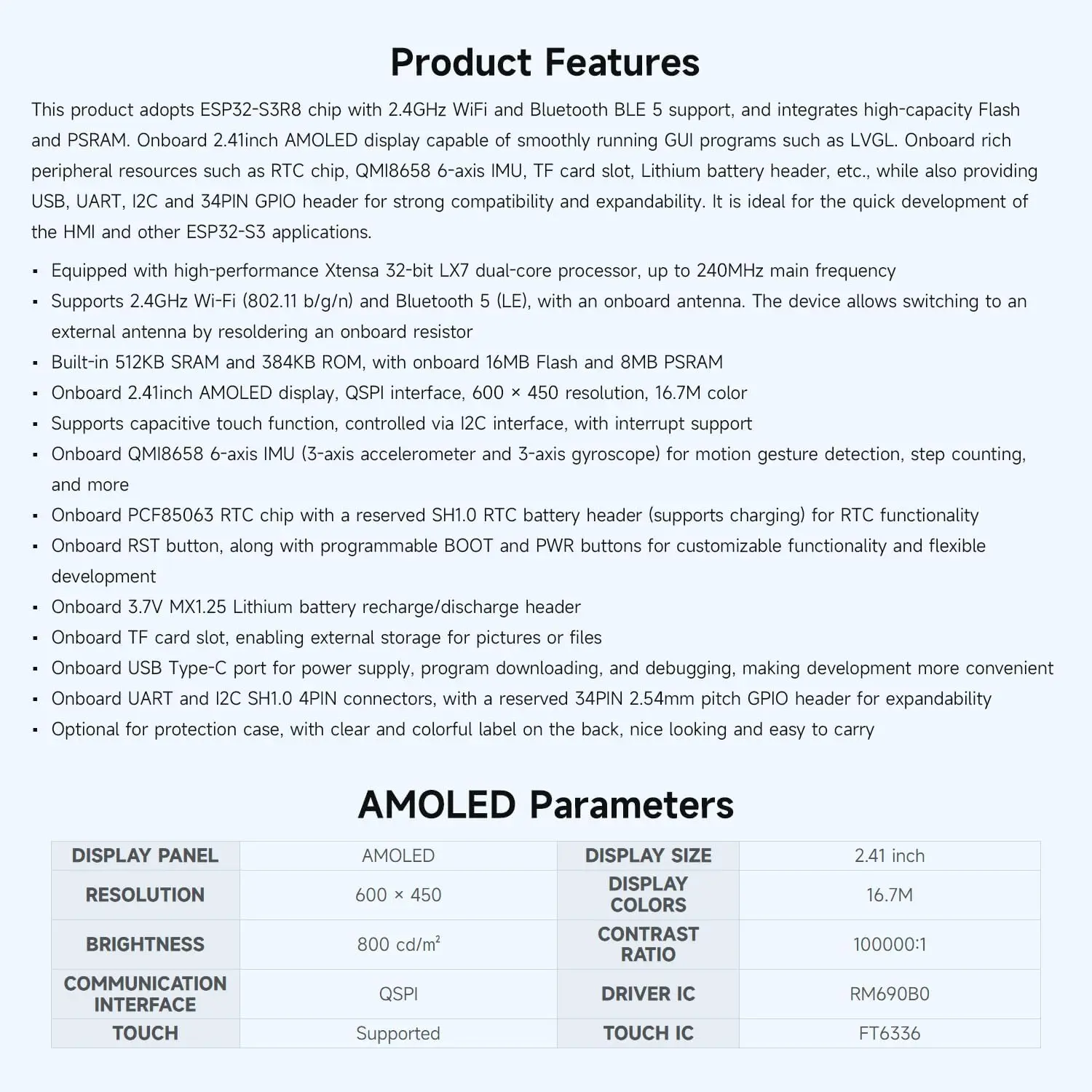 Waveshare ESP32-S3 2,41 Zoll AMOLED Display Development Board 600×450 Touchscreen ESP32 Display für Arduino IDE ESP-IDF HMI