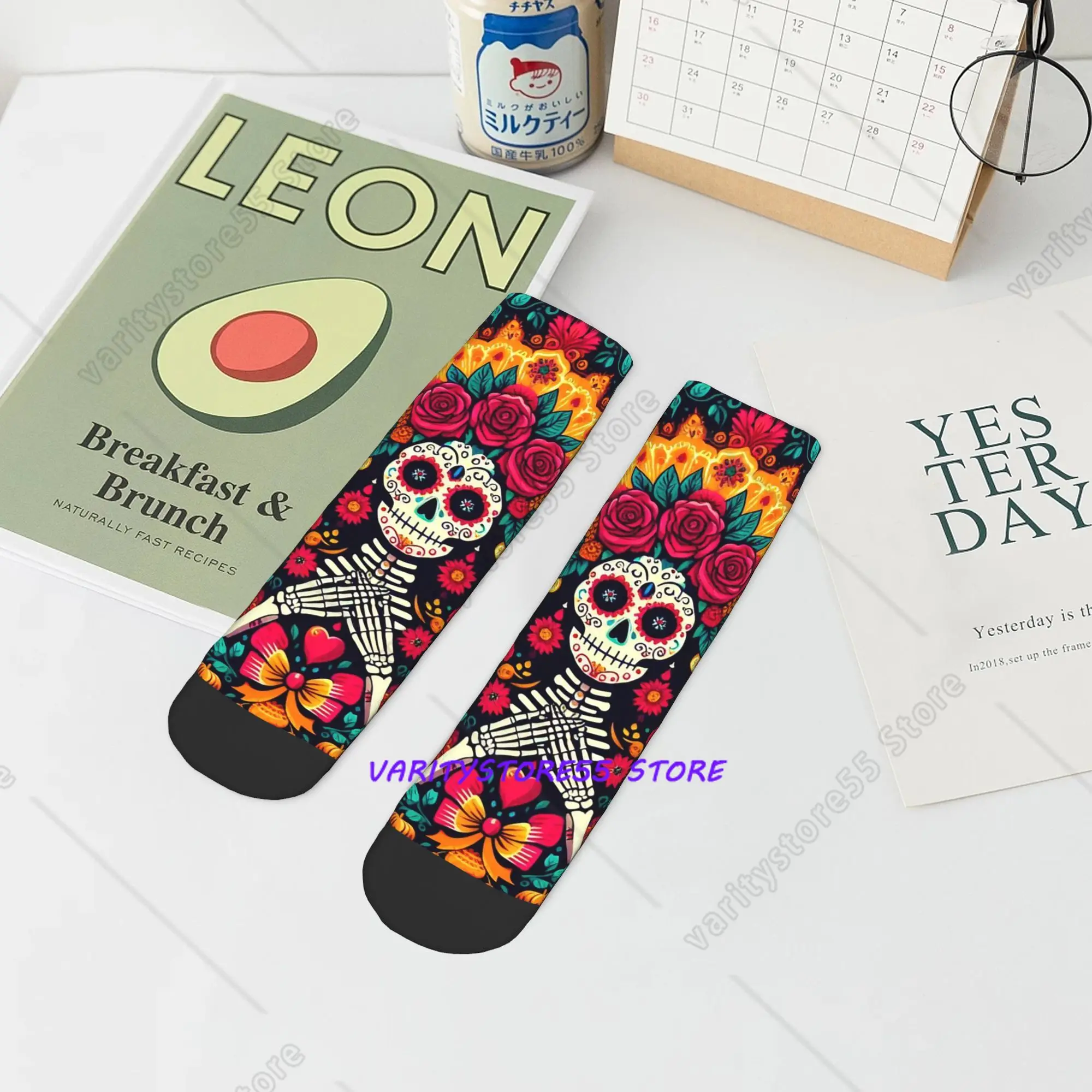 

Mexican Sugar Skulls and Flowers Socks Harajuku High Quality Stockings All Season Socks Accessories for Unisex Gifts