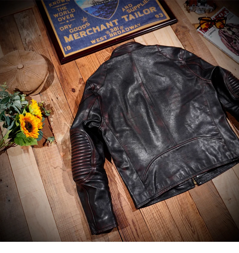 Classic Free Motor shipping.US Biker Luxury genuine leather jacket.Retro Brown tea core horsehide coat.Men vintage leather cloth