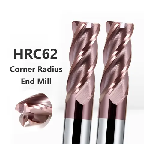 HRC62 코너 반경 엔드 밀 CNC R 불 노즈 밀링 커터 금속 라우터 텅스텐 카바이드 강철 도구 R0.5 R1 4 플루트