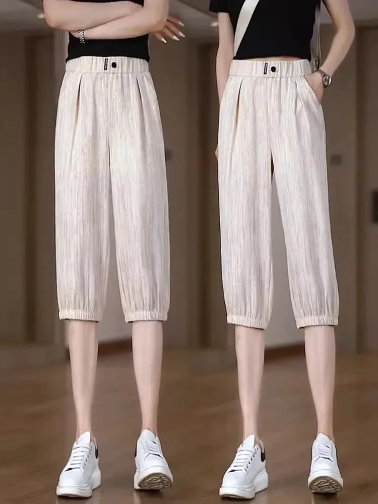 

Ice Silk Qui Dry Sports Pants Women Summer Thin New Sle Elastic Waist Straight Casual Seven-Foot Pants Mid-Length