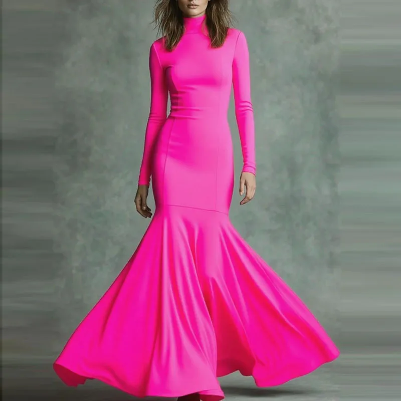 فستان حورية البحر ضيق بياقة مدورة موضة ربيع 2026 أنيق متين عالي الخصر فستان ضيق للخريف بأكمام طويلة فستان ماكسي بوهو