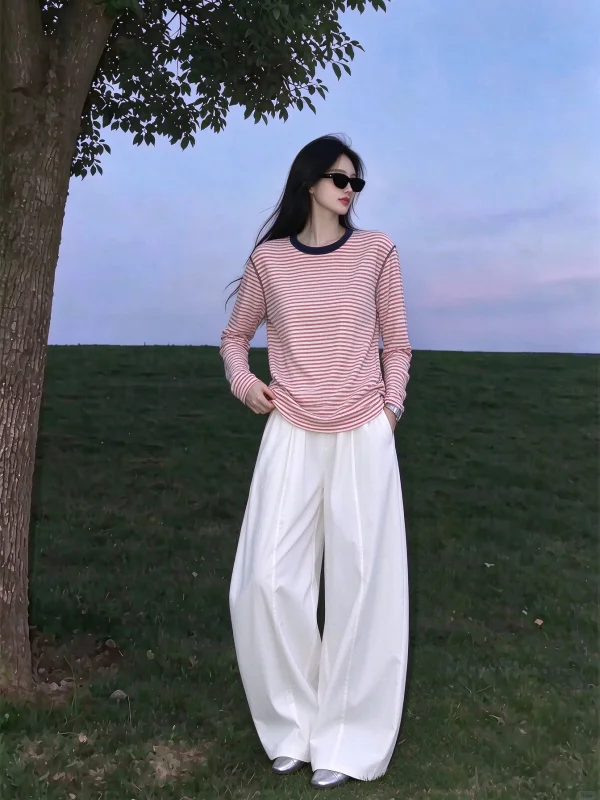 Red Striped Loose Long Sleeve T-Shirt Women's Early Autumn Light Maturity Unique Design Korean Style Casual Top