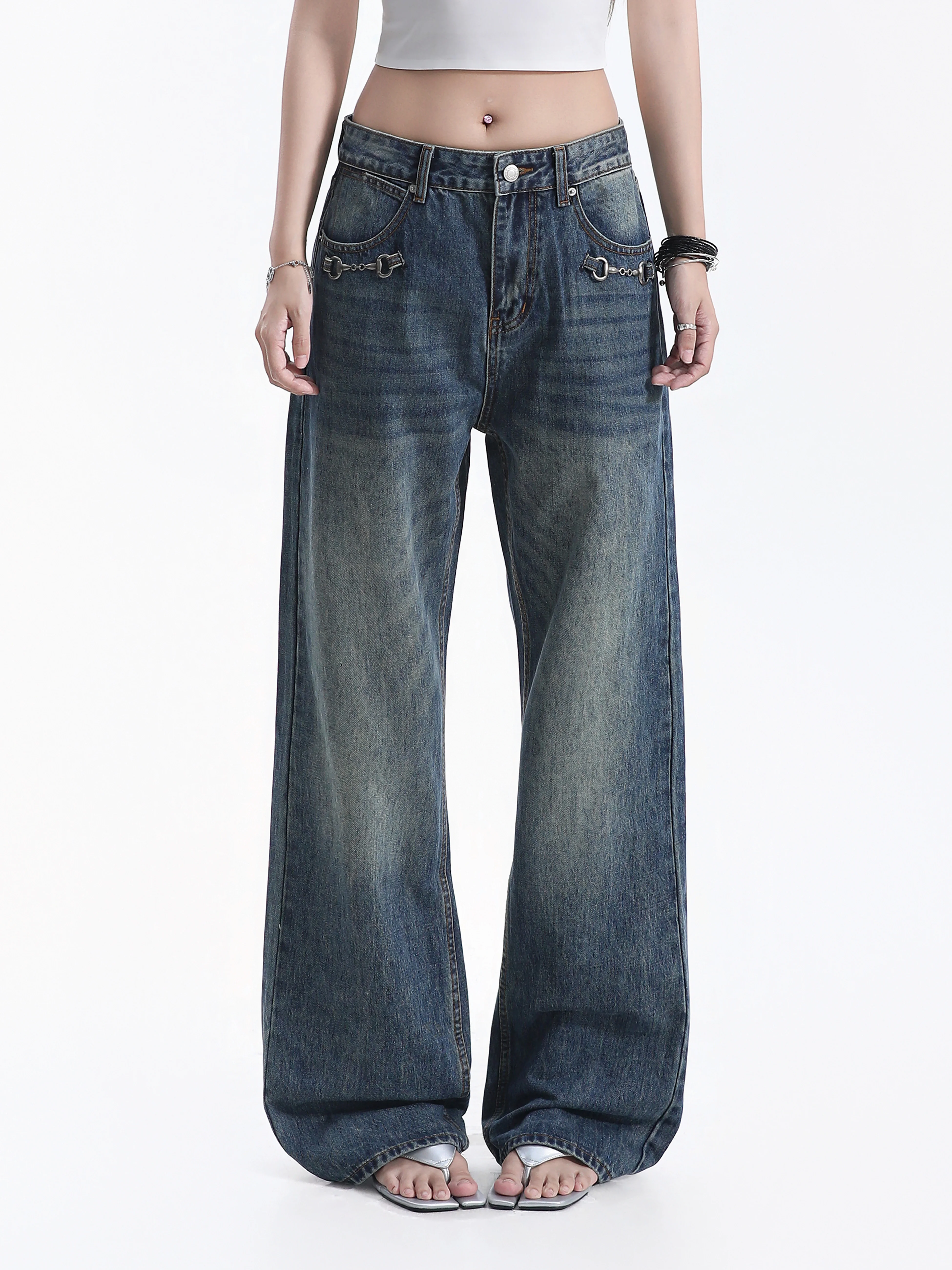 Retro American Wide Leg Denim Jeans Women's Chain Loose Draping Neutral Floor-Length Pants Trendy Casual Washed out Jeans