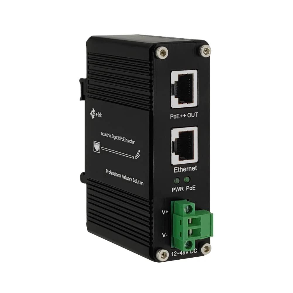 Industrial Gigabit PoE++ Injector Hardened IEEE802.3at/bt 100W PoE Adapter with 12-48VDC Input DIN-Rail and Wall Mount