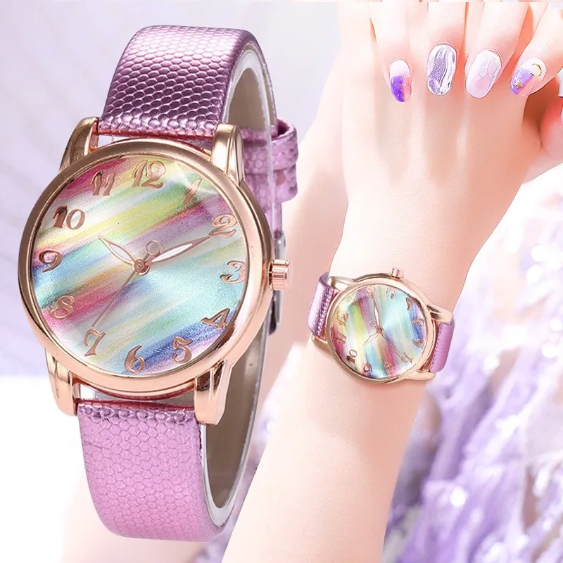 Women Fashion Rainbow Watch Leather Band Wrist Watch Casual Ladies Watches Women's Quartz Watches Часы Женские Наручные