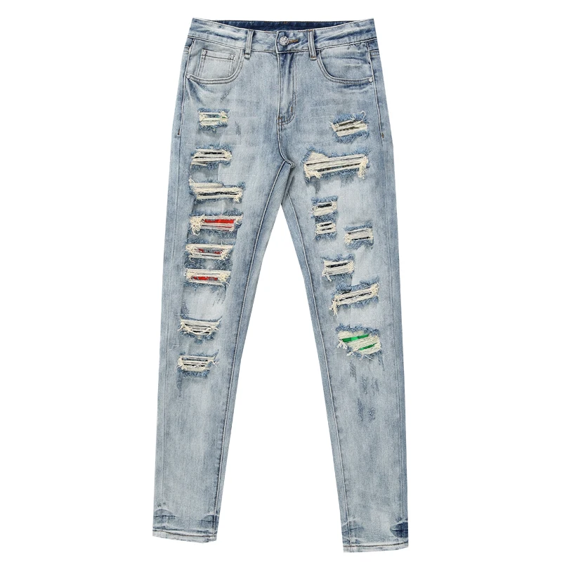 Pantalones vaqueros de diseño para hombre, Jeans con parche rasgado, elásticos, ajustados, informales, para motocicleta, 2024