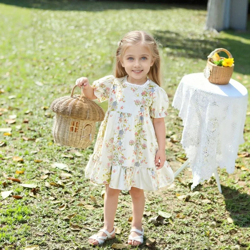 

Children's Dress2025Summer New Floral French Lace Princess Dress Vacation Dress Short Sleeve Dress