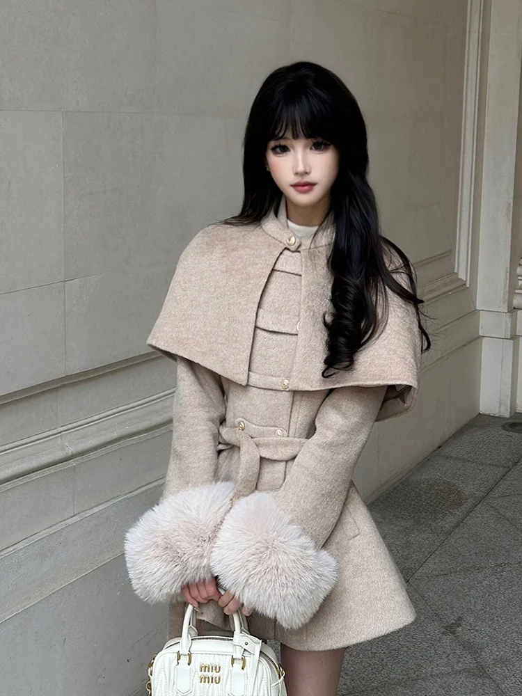 

Detachable Witch Girl Cloak oulder Woolen Coat Woolen Windbreaker Waist Cinching Women's Winter Faion Commute Sle