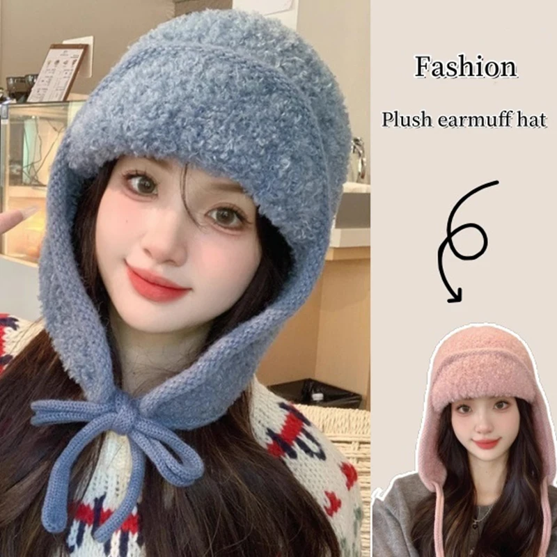 قبعات نسائية من الصوف الدافئ للخريف والشتاء، قبعات صوفية محبوكة مع حماية للأذن، مصنوعة لمقاسات الرأس الكبيرة