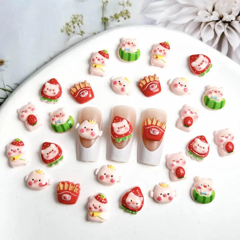 Rosa dos desenhos animados blush em pó piggy resina arte do prego encantos luminoso gordinho batatas fritas coroa porco decoração do prego para diy bonito prego