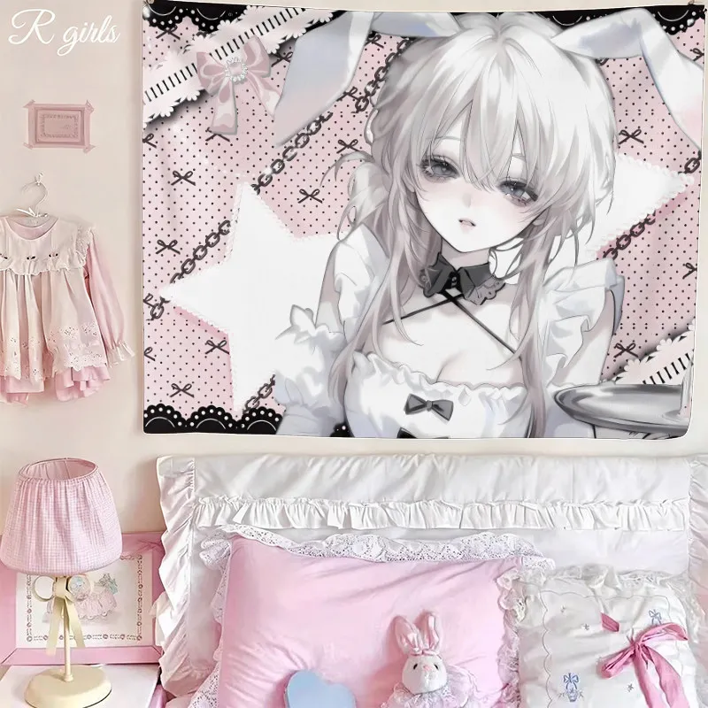 VIKAMA Kawaii Bunny Maid Anime Girl Wandteppich, rosa gepunktet, Wandbehang für Gothic-Lolita-Schlafzimmerdekoration