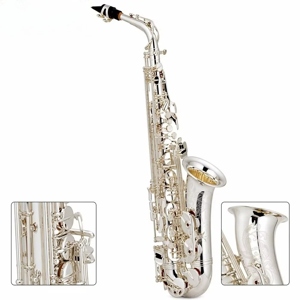 Wholesale Factory Made Eb Tone Alto Silver Plated Saxophone with Complete Accessories, Professional Sound for Student & Player