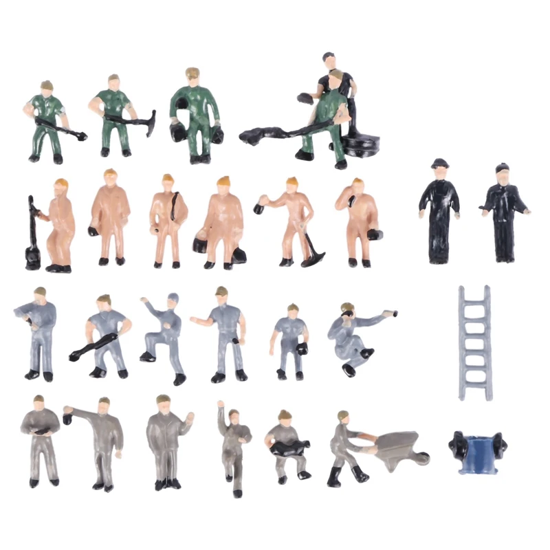 100Pcs 1:87 Figurines Painted Figures Miniatures Of Railway Workers With Bucket And Ladder