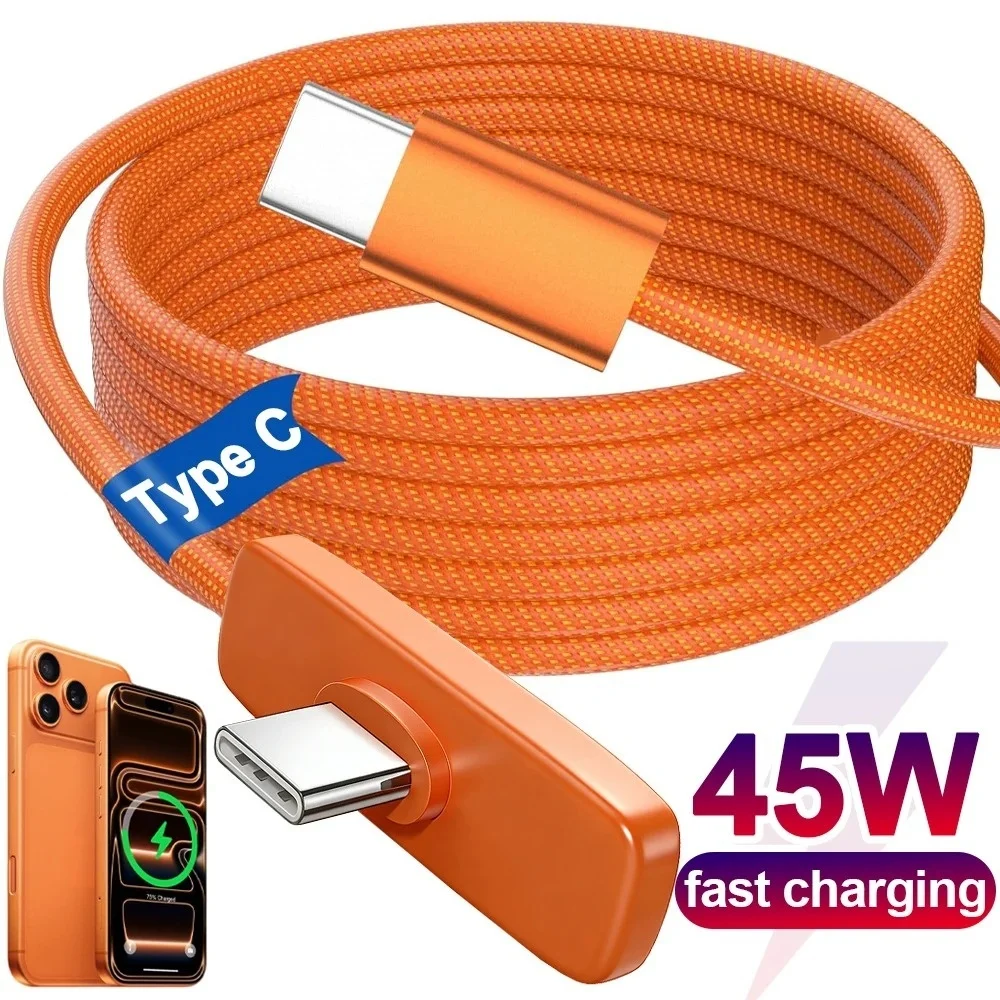 PD45W Fast Charging Type C To C Right Angle Data Cable Nylon Braided USB C To Type-C Cord for IPhone 17 16 Samsung Android Phone