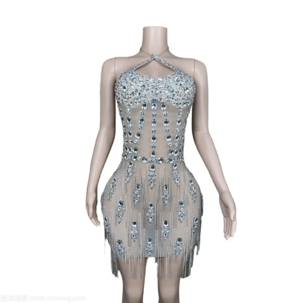 Nuevo modelo de coche de cantante femenina, Vestido corto elástico con espalda descubierta de malla de diamante de agua, disfraz de actuación en escenario, disfraz de Drag Queen para mujer