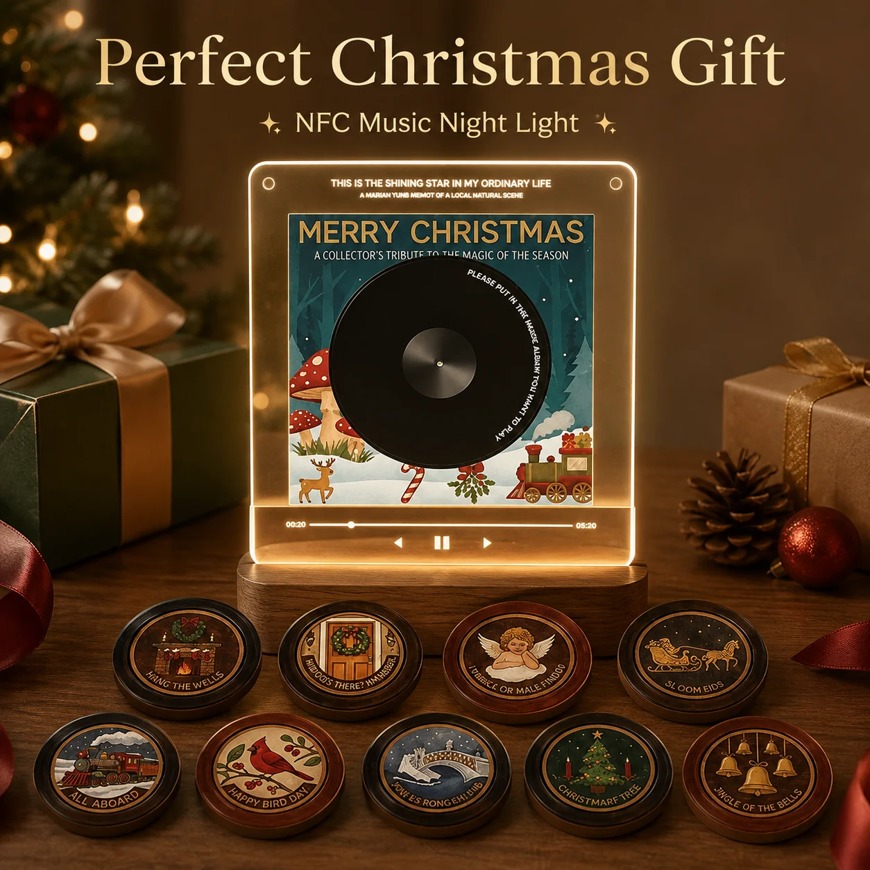 NFC Music Player Refrigerator Magnetic Sticker Acrylic Rotary Disc Machine Automatic Singing Player with Night Light