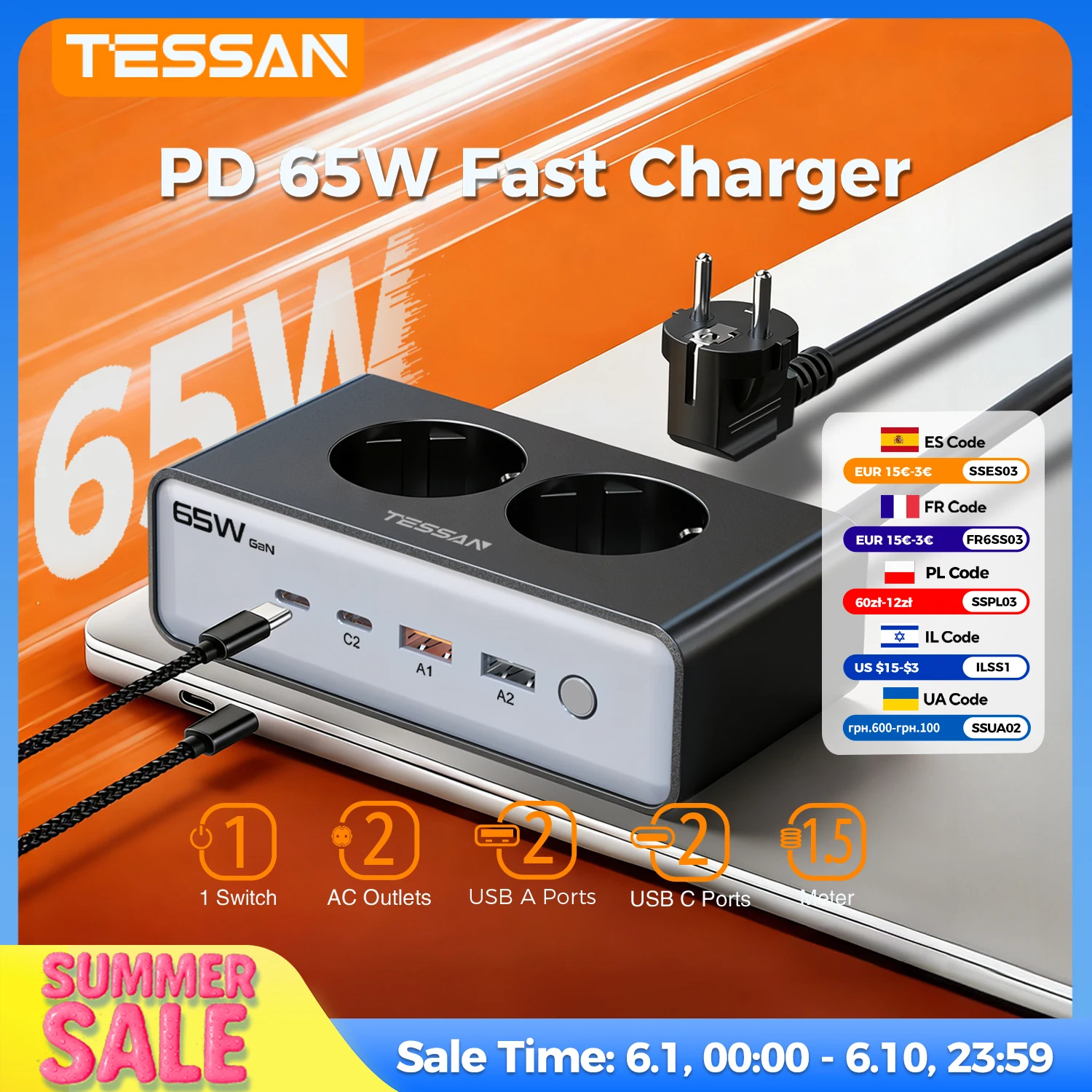

TESSAN USB C 65W Fast Charging Power Strip with 1.5m Cord 2 Outlets 4 USB Ports Charger Station Surge Protection Extender Socket