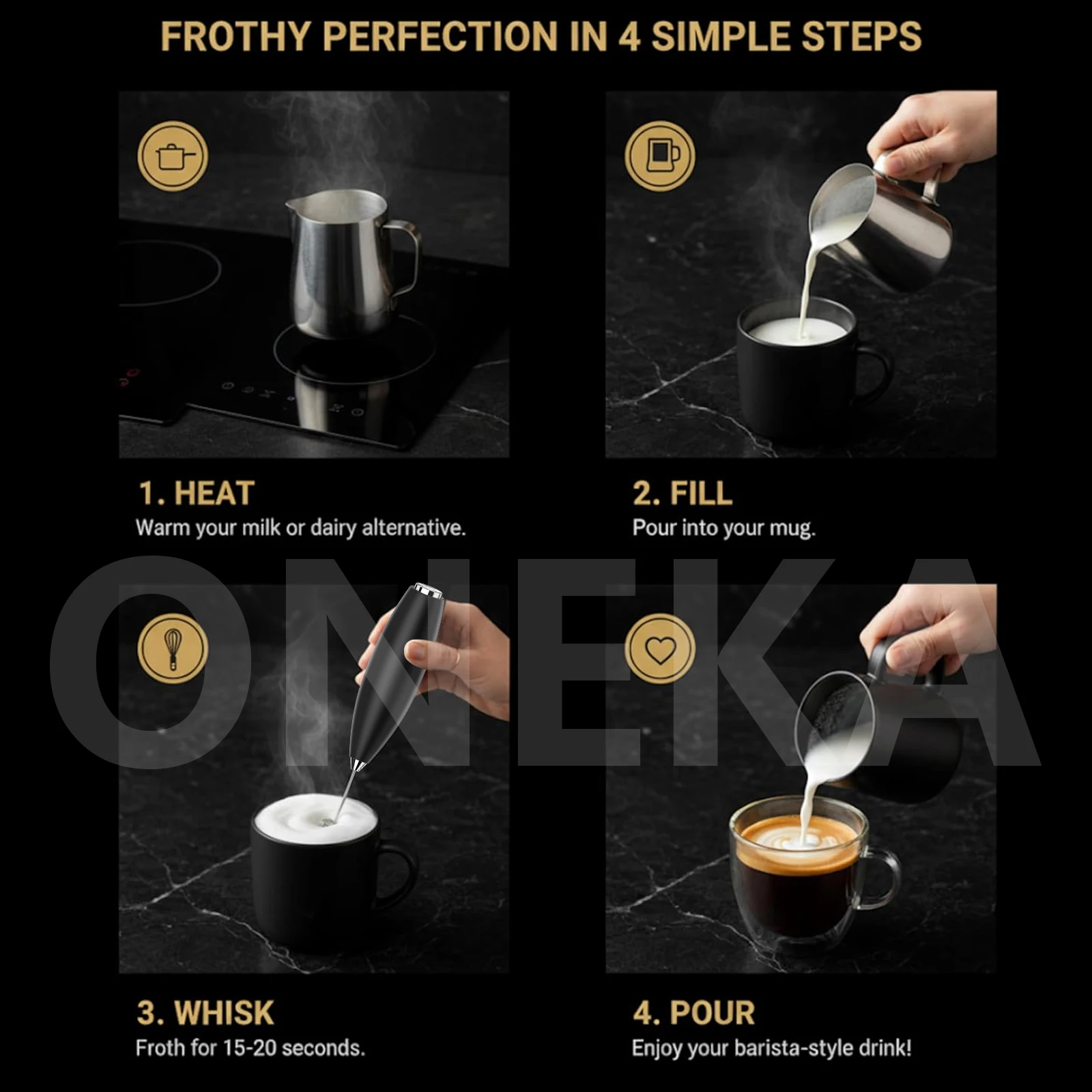 عصا رغوة الحليب القوية المحمولة من ONEKA مع خلاط مشروبات البطارية للقهوة واللاتيه والكابتشينو وفكرة هدية ماتشا