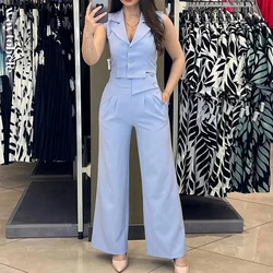 Waytobele Set da due pezzi da donna Summer Casual Solid risvolto senza maniche con bottoni in vita con bottoni irregolari larghi e larghi Set di pantaloni