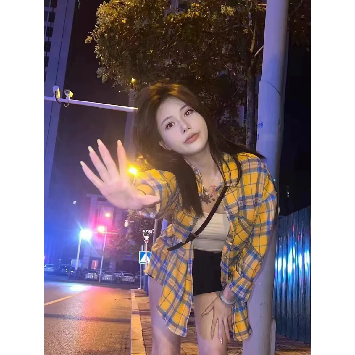 

Yellow Plaid Loose Fit Long Sve Collar irt for Women Casual Sle Autumn Design High Street Retro Trendy Clothing