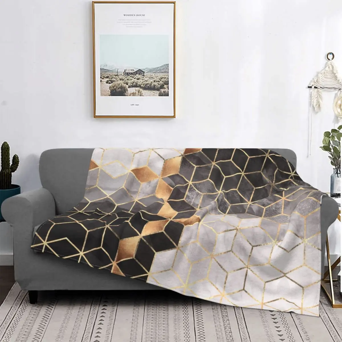 Ultra-Soft Fleece Smoky Cubes Throw Blanket Warm Flannel Abstract Geometric Pattern Blankets for Bed Office Sofa Quilt