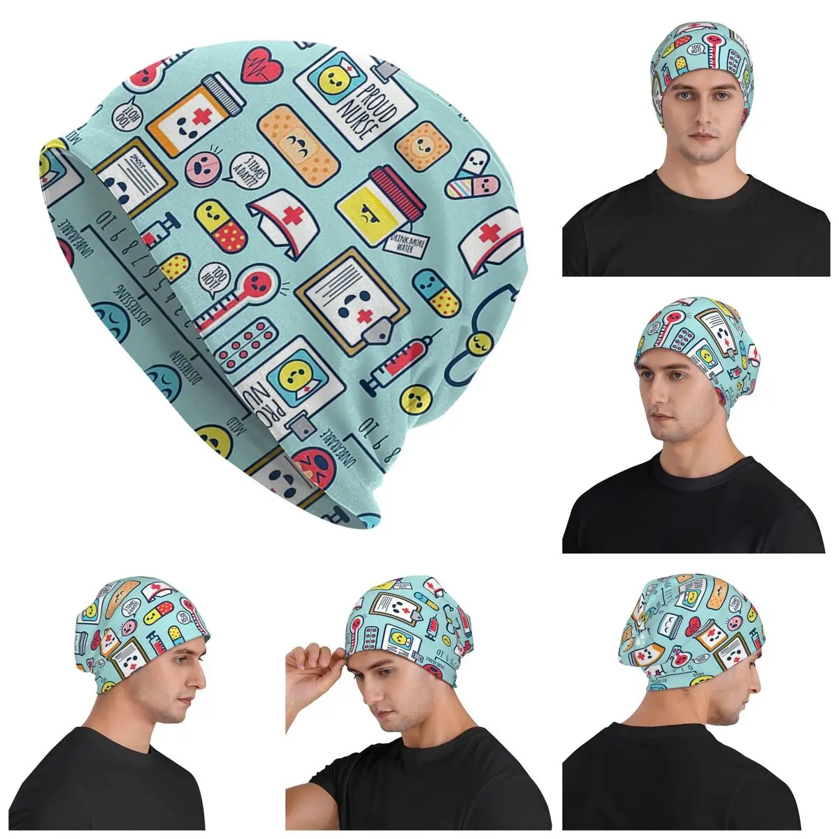 

Proud To Be A Nurse Surface Pattern Design Blue Warm Knitted Cap Hip Hop Bonnet Hat Autumn Winter Outdoor Beanies Hats Adult
