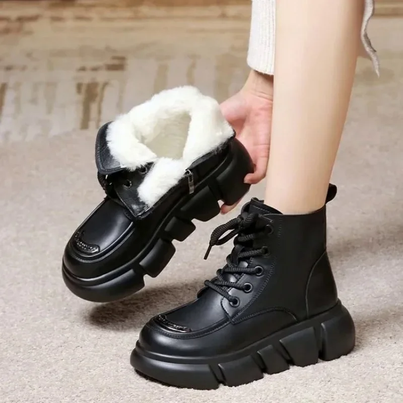 Women'S Winter New Brown Leather Plush Warm Ankle Snow Boots Platform Comfortable Anti Slip Lace Up Cold Proof Cotton Shoes