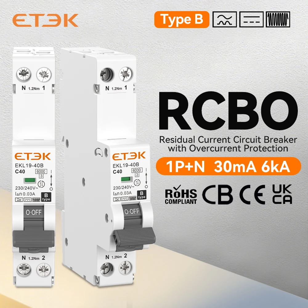 ETEK RCBO 30 MA Class Type B Residual Current Automatic Circuit Breaker 6 KA 1 Main Contact 1P+N 40 A Curve EKL19-40