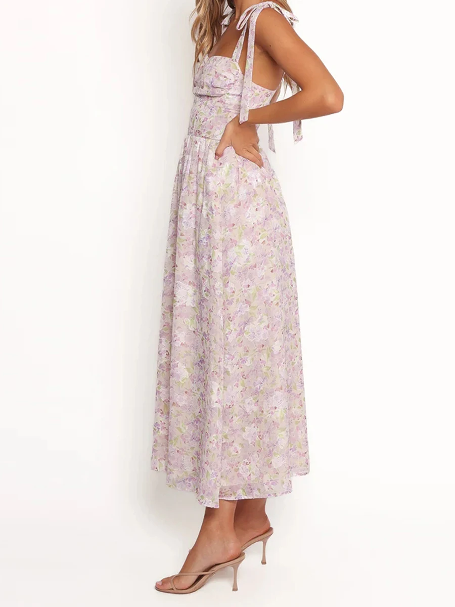 Nouveau Sexy femmes robe longue imprimé fleuri bretelles à nouer robe Cami mode d'été sans manches tenue décontractée S M L