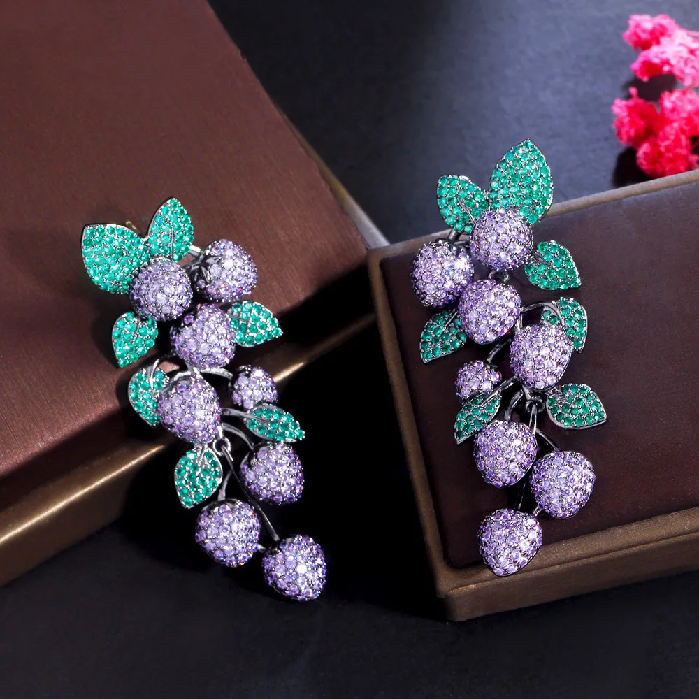 Beautiful Cubic Zircon Grape Earrings for Wedding, Crystals Flower Dangle Earring for Prom, Women Girl Gift SZE0544
