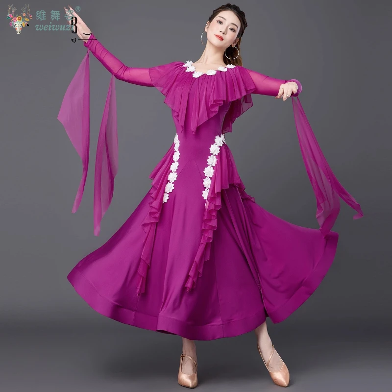 

Female Long Sleeves Moden Ballroom Social Dance Club Standard Performance Dress Waltz Foxtrot Quickstep Competition Costume