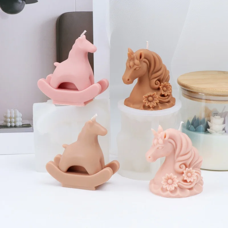 Unicorn Rocking Horse Silicone Candle Mold 3D Pony Horse Head Wax Mould DIY Candle Soap Resin Birthday Gift Craft Dec Supplies