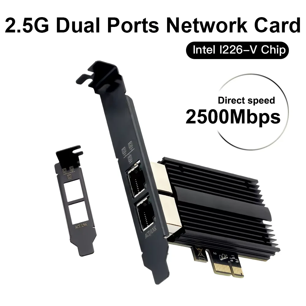 2500Mbps Pcie To RJ45  I226-V Network Card 2.5G Gigabit Ethernet Dual Ports 100/1000/2500Mbps Network Card For Desktop Win/Linux