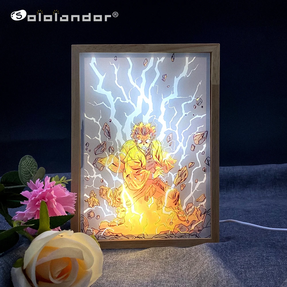 Anime Kimetsu No Yaiba Painting Design 3D Night Lights LED 3 Colors Wood Photo Frame Light Bedroom Decor Lamp Agatsuma Zenitsu