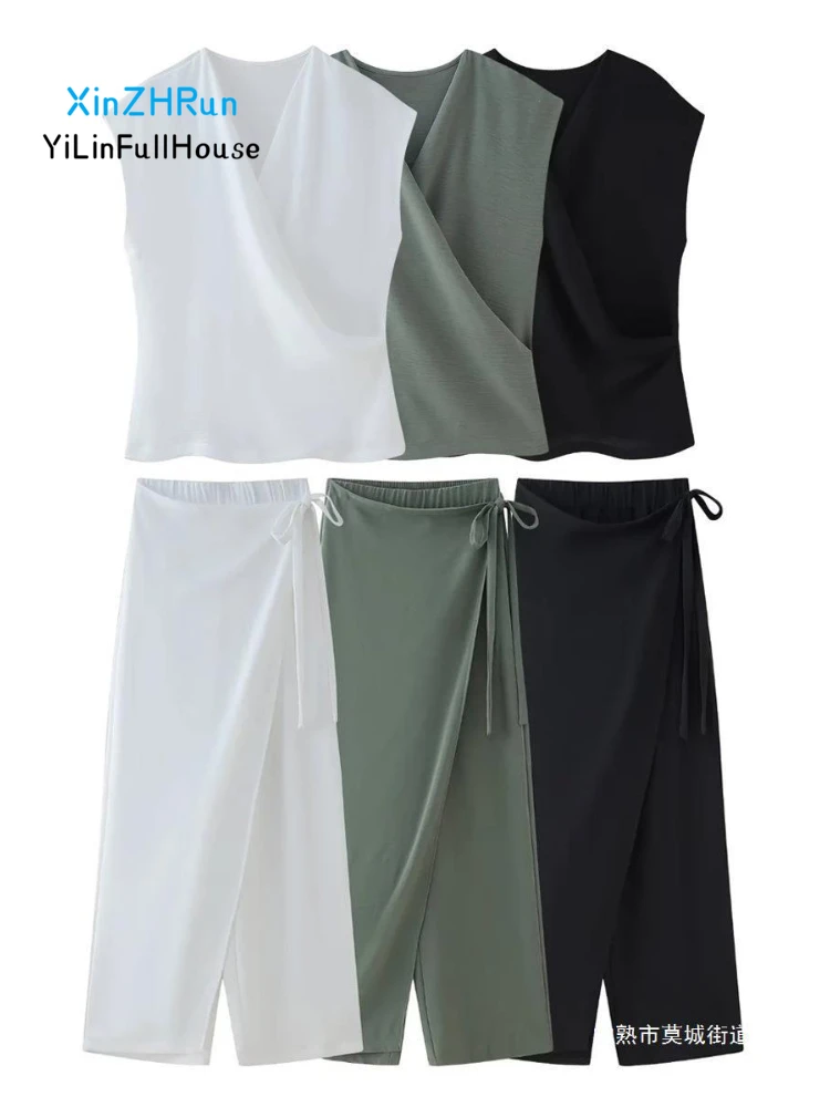 Summer Women's V-neck Sleeveless Elegant Hanging Cross Placket T-shirt Top Elastic Waist Strap Irregular Cage Casual Pants Set