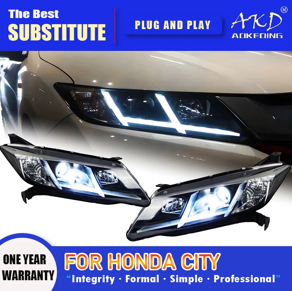 

Фара AKD для Honda CITY, светодиодная фара 2015-2019, фара CITY DRL, указатель поворота, дальний свет, линза проектора «ангельский глаз»