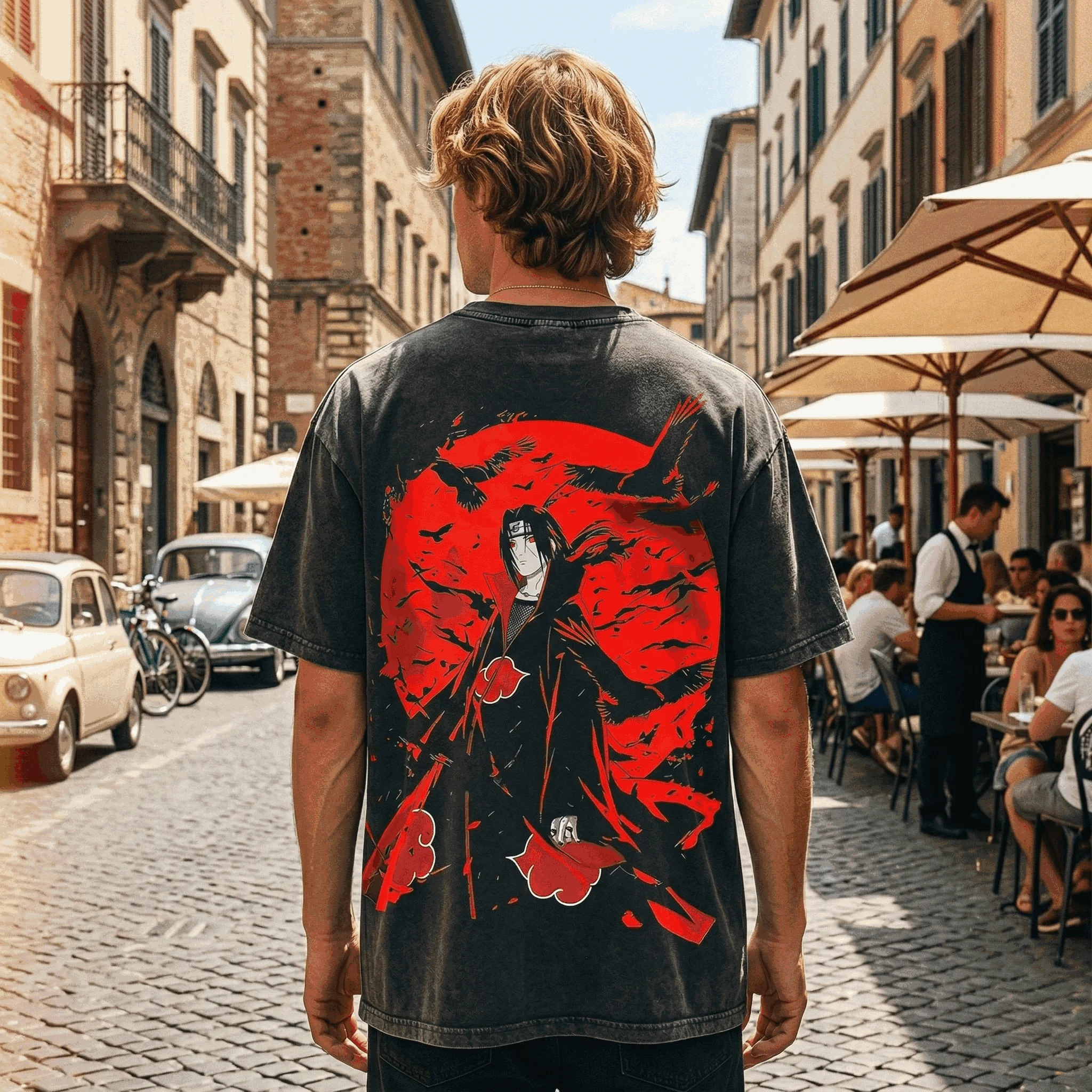 Itachi Uchiha Naruto Akatsuki Vintage Gewaschenes Baumwoll-Oversize-T-Shirt Herren Streetwear Krähen-Grafik Manga-Tee