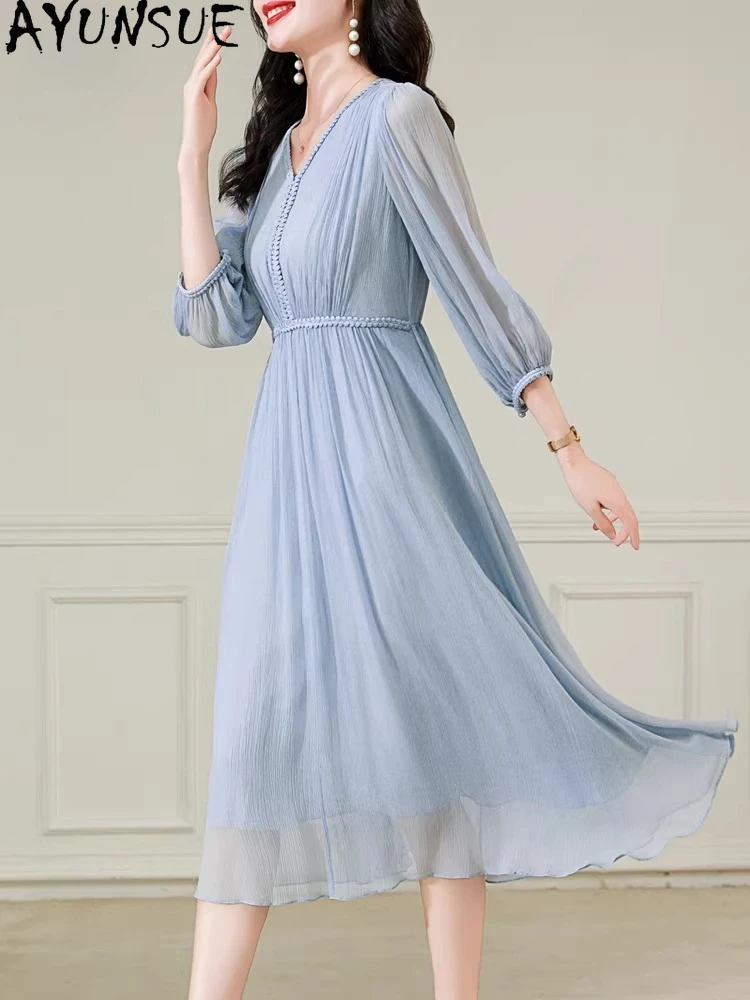 

AYUSNUE High-end 100% Mulberry Silk Long Dress for Women 2026 Summer Clothes Elegant Womens Dresses Solid Color Платье Женское